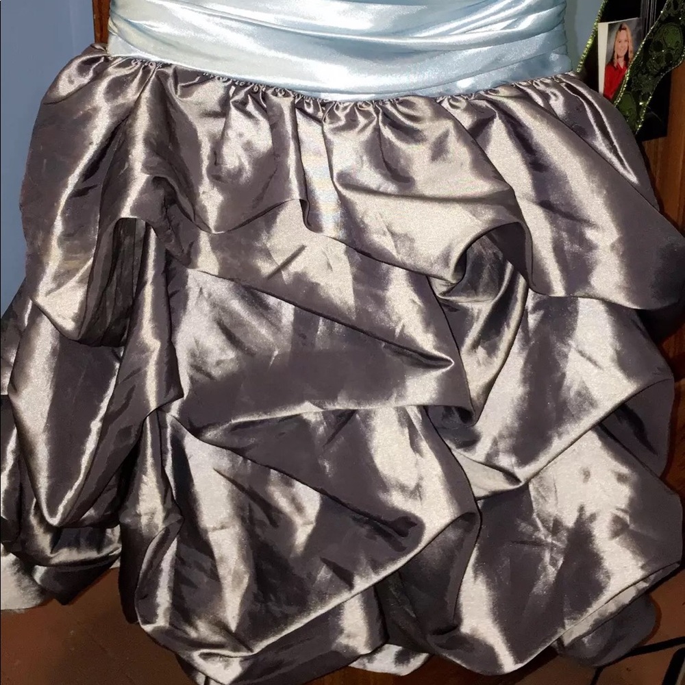 Grey strapless dress. Great for homecoming!